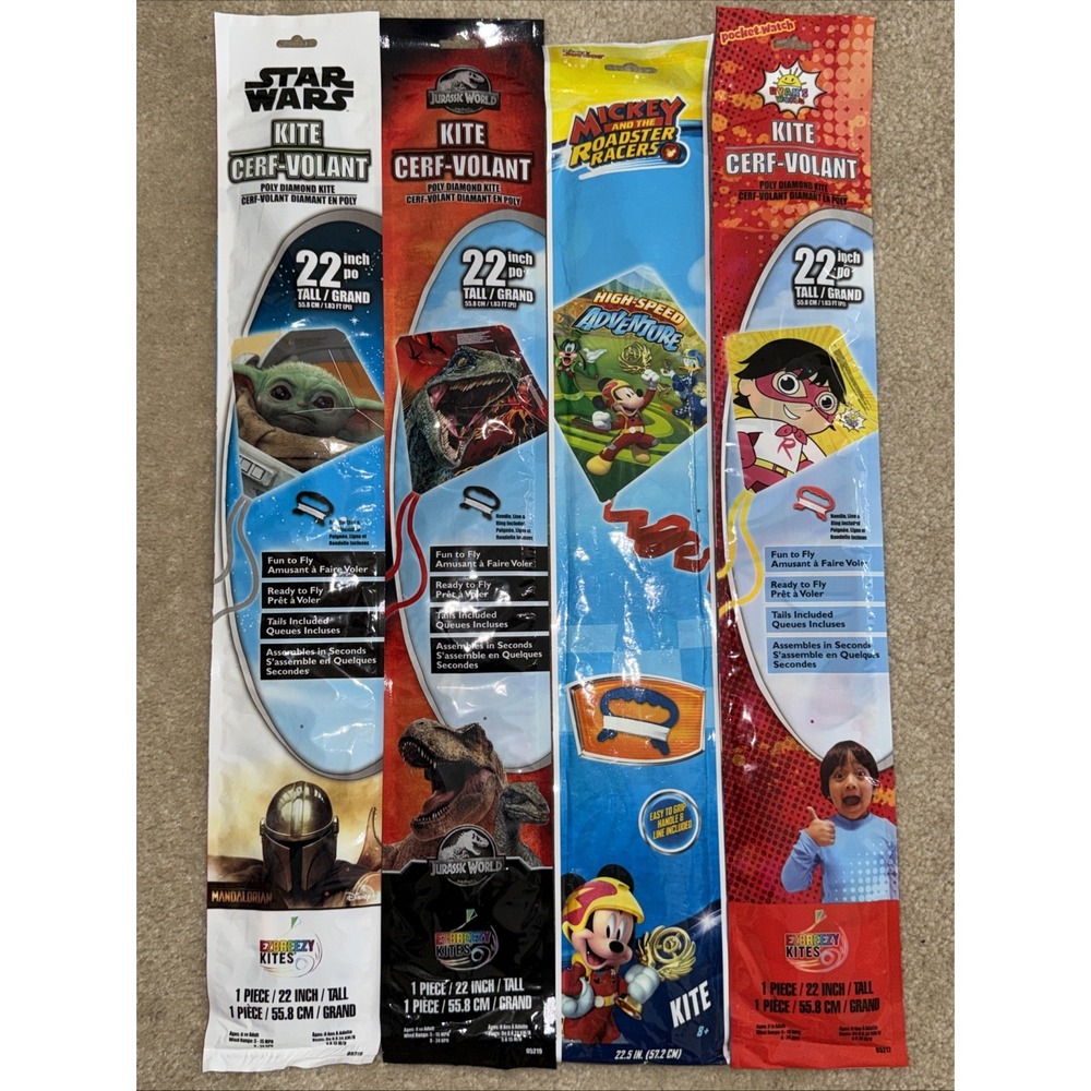 Lot of 4 Kids‎ Kites Star Wars Jurassic World Mickey Mouse Ryans World 22 inch